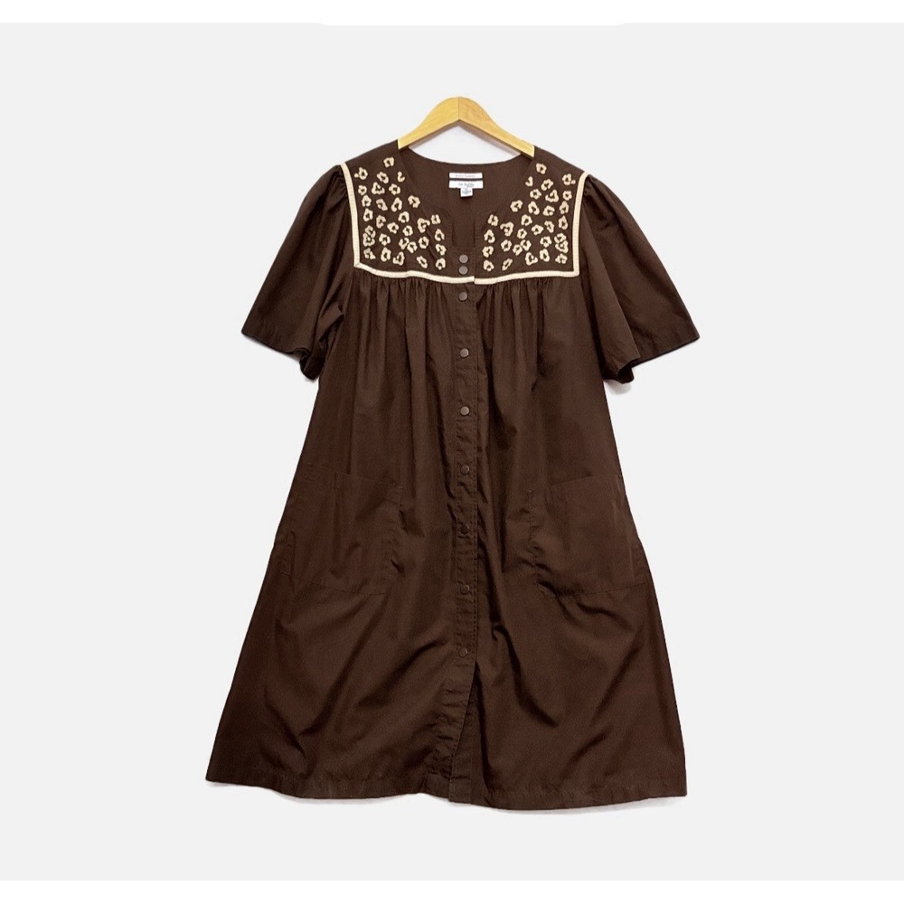 GO SOFTLY Patio House Dress Sz XL Button FrontBrown Embroidered Mumu Dress